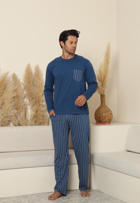 Pijama Barbati ,Maneca si Pantaloni Lungi, Culoare Albastru cu Alb,Engros